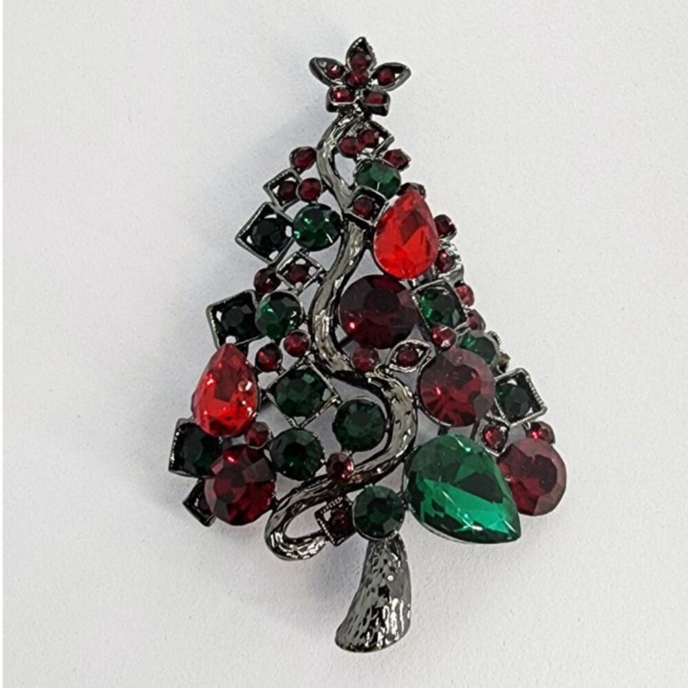 Christmas Tree Brooch Lux Black with Red & Green Faux Jewels Elegant